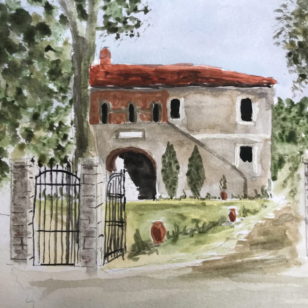 Akvarell som föreställer ett vackert hus i Toscana
