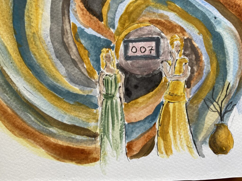 Akvarell två damer och en urna