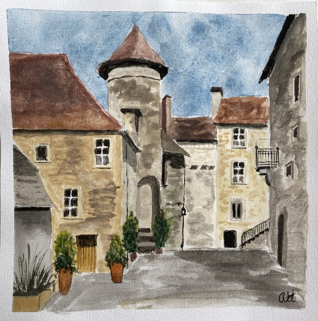 Akvarell som visar stadsvy från Carennac i Frankrike