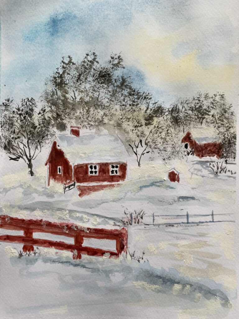 Akvarell som föreställer röda stugor i snö