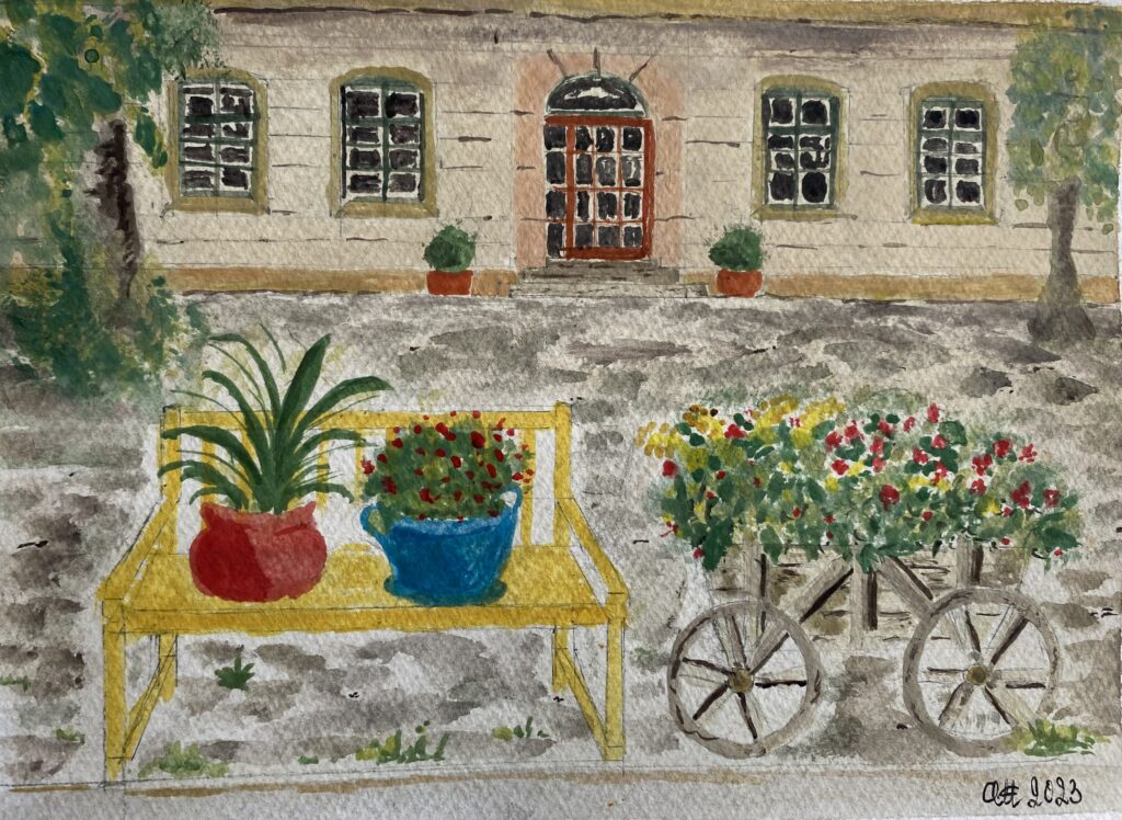 Akvarell som föreställer en gatuvy med soffa, blomstervagn och en fasad i bakgrunden.