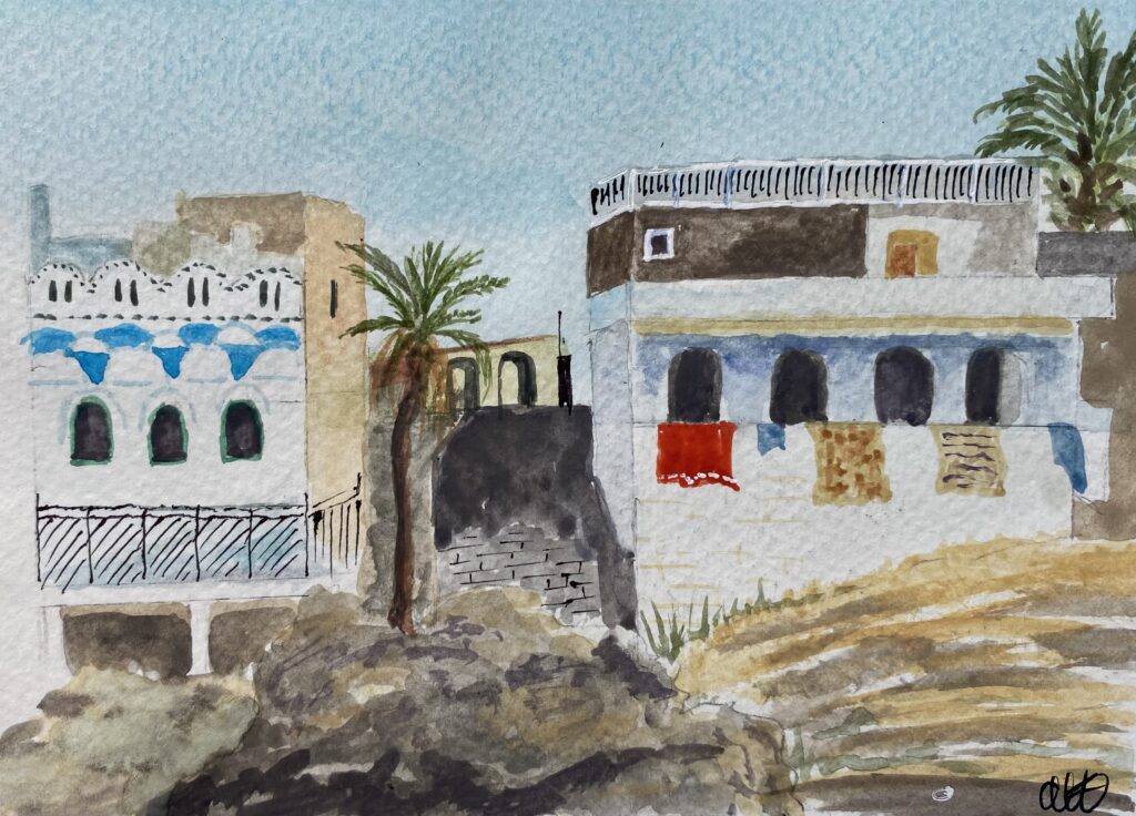 Akvarell som visar några vita hus längs Nilens strand