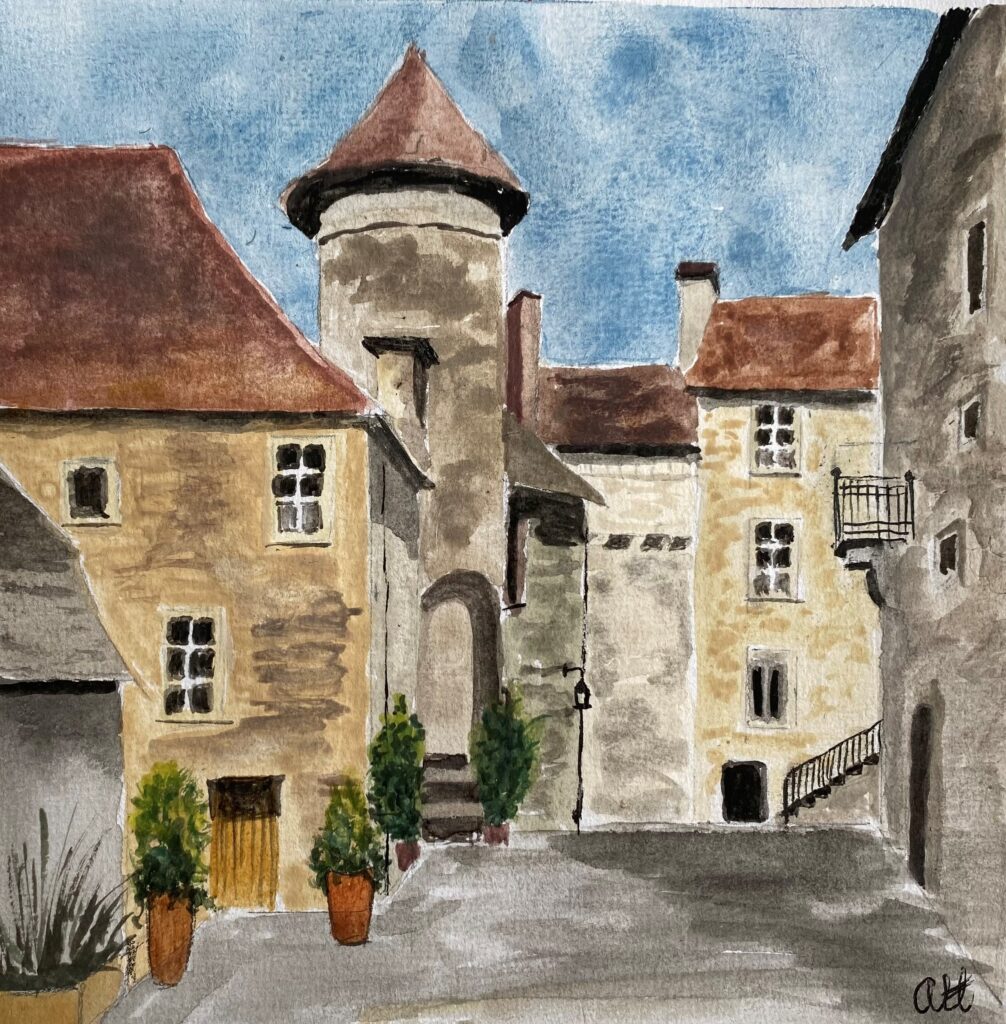 Akvarellmålning som visar vy från Carennac i Frankrike
