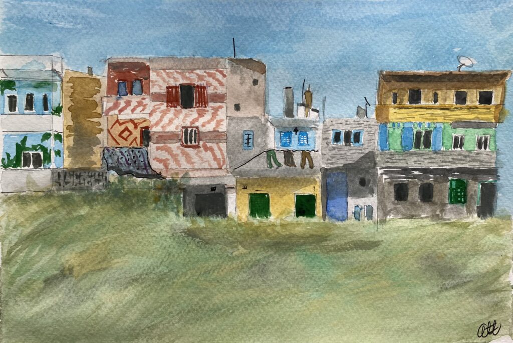 Akvarell som visar vy från Nilen med färgglada hus,.