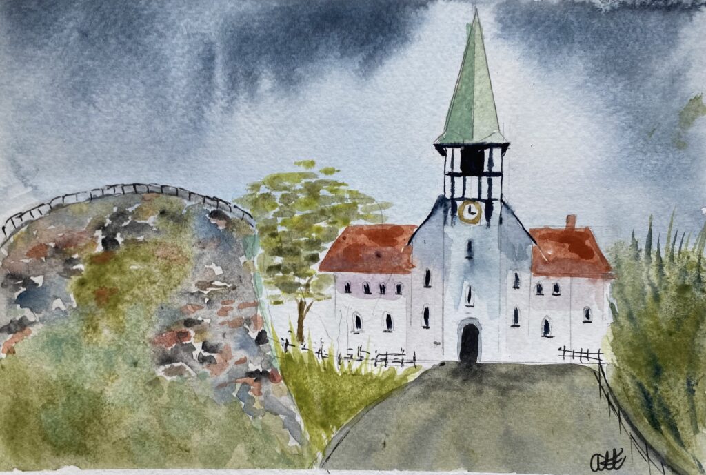 Akvarellmålning som visar Rönne kyrka i Bornholm