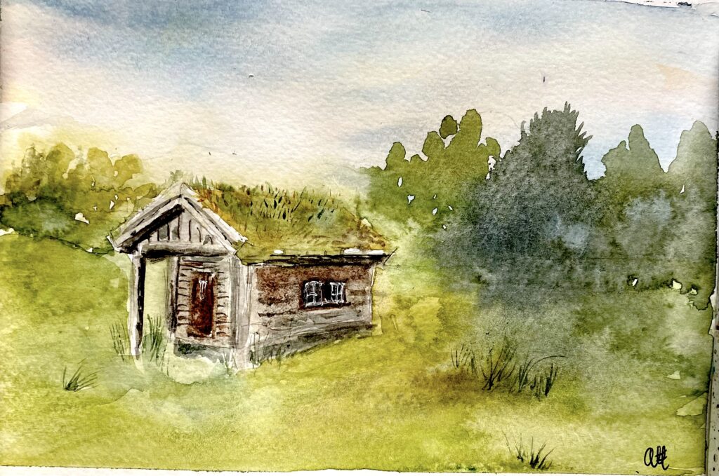 Akvarell som visar liten stuga med halmtak. Skog i bakgrunden
