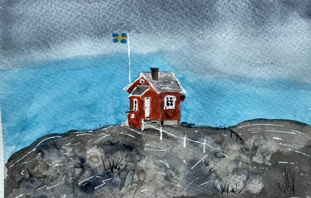 Akvarell som visar litet rött hus på ett berg, d v s Utsikten på Vrångö.