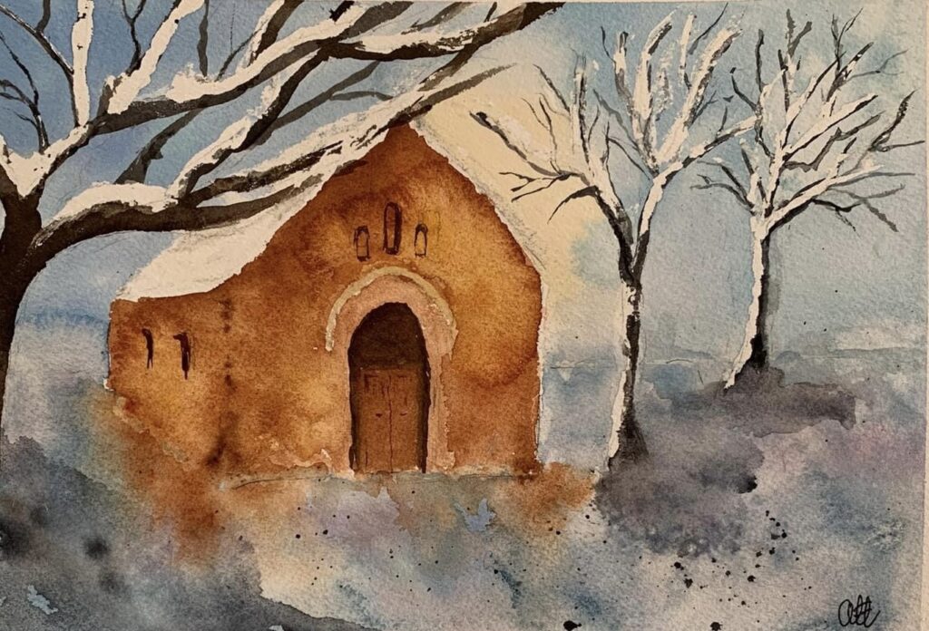 Akvarell som föreställer ett litet gult kapell i snö.