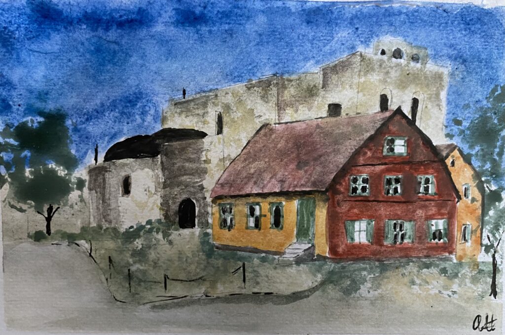 Akvarell som föreställer röd-gult hus i Visby. I bakgrunden syns Visby ringmur.