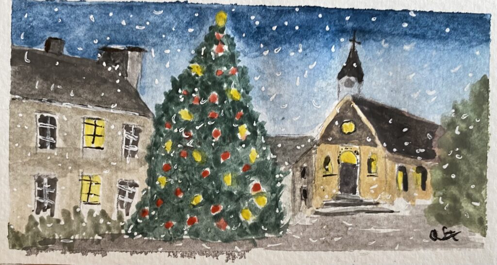 Akvarell visar julgran i mörker mellan gula hus i stadsmiljö