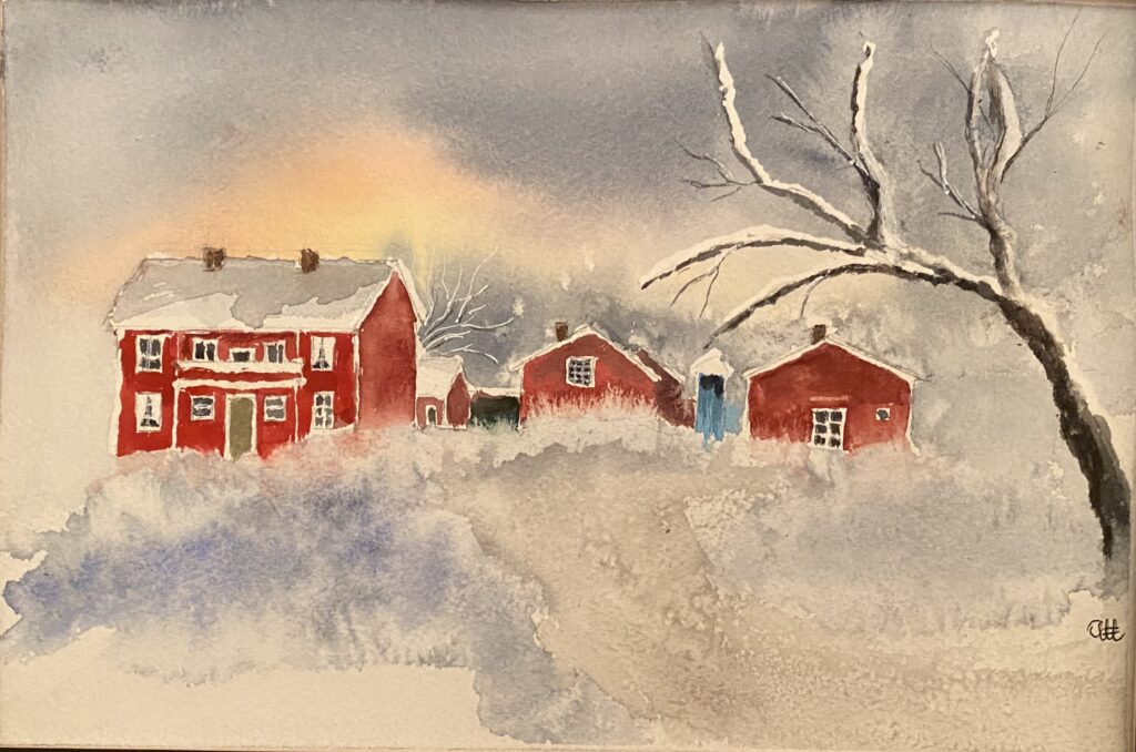 Akvarell som visar röda stugor i snö. Stor trädgren i förgrunden