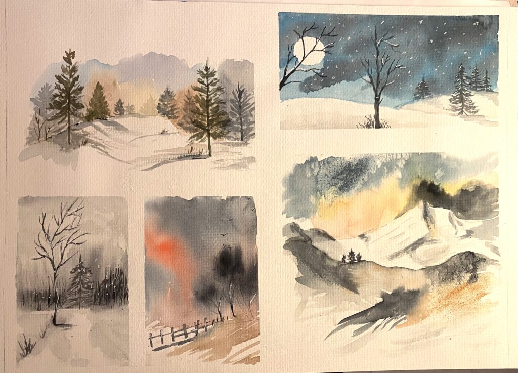 Ett bildcollage som visar några akvareller med snömotiv. 