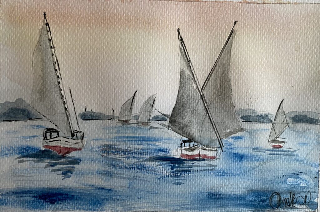 Akvarell Feluccabåtar på Nilen. Grå segel, rosa himmel