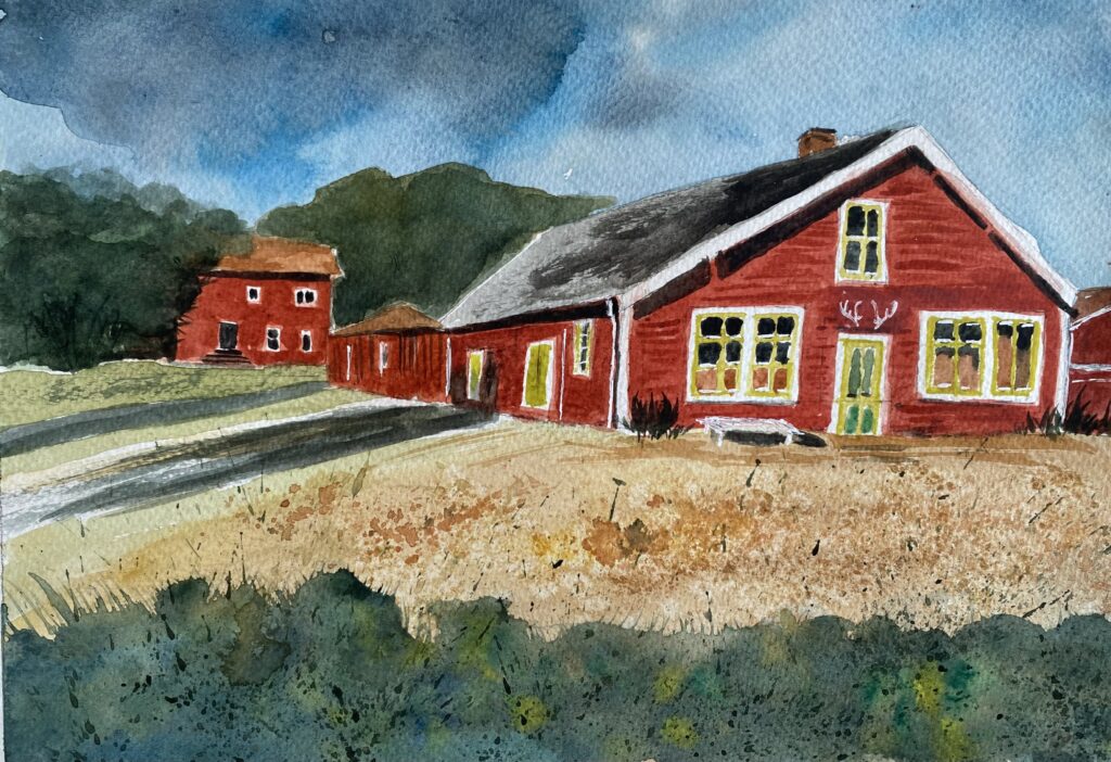 Färgstark akvarell med röda hus