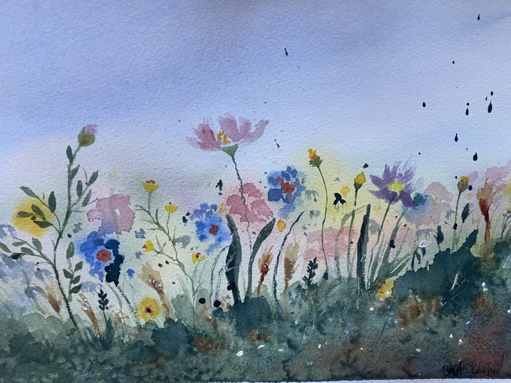 Akvarell med blommor på sommaräng