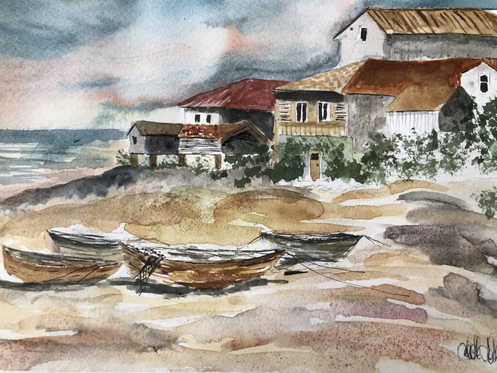 Akvarell som visar kustby