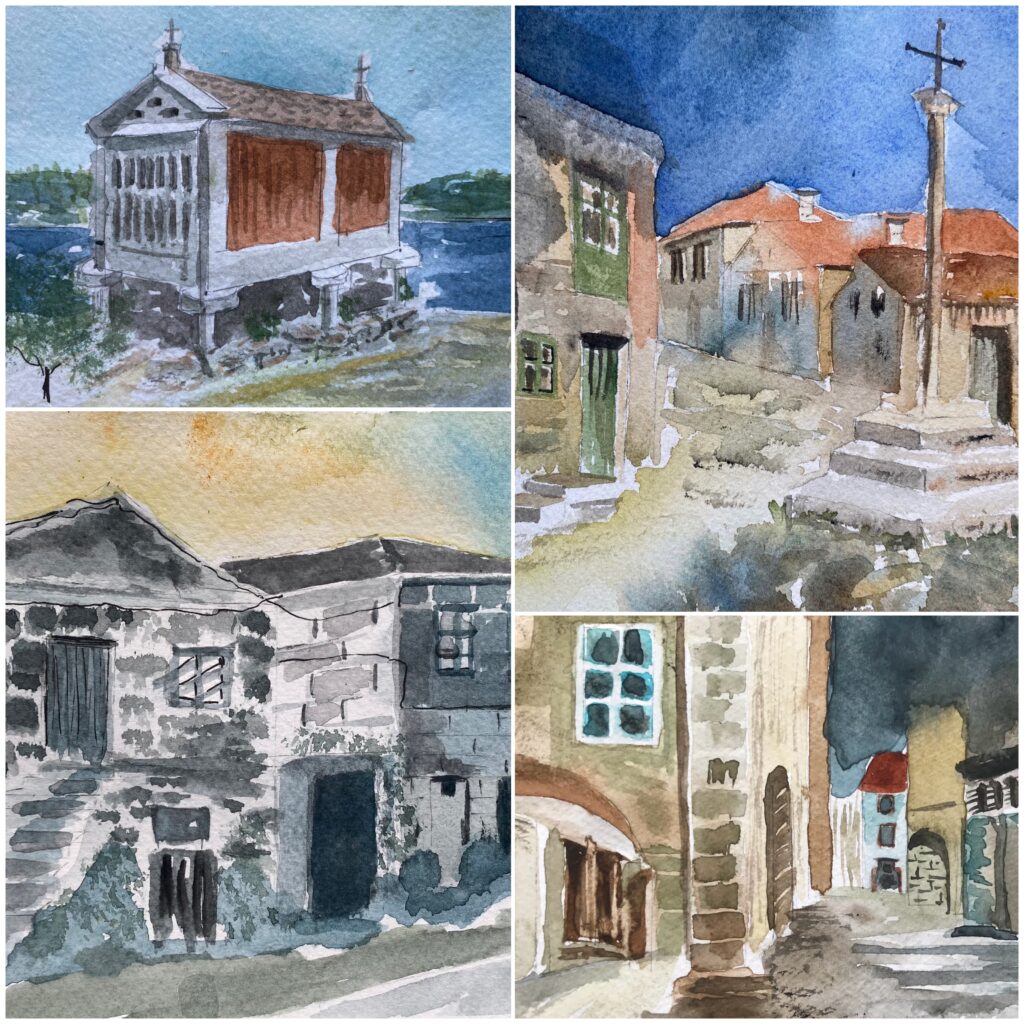 Collage med akvareller som visar stadsvyer