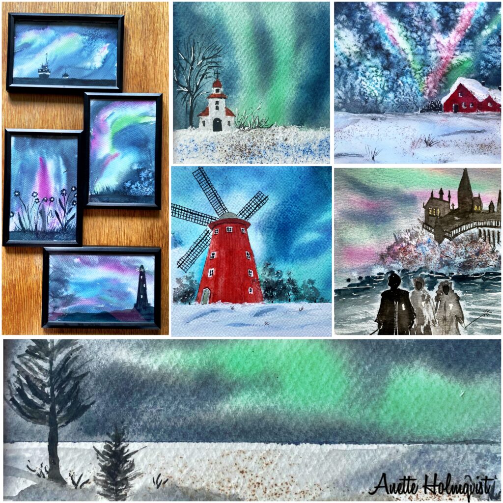 Ett collage med akvareller, olika motiv som visar norrsken