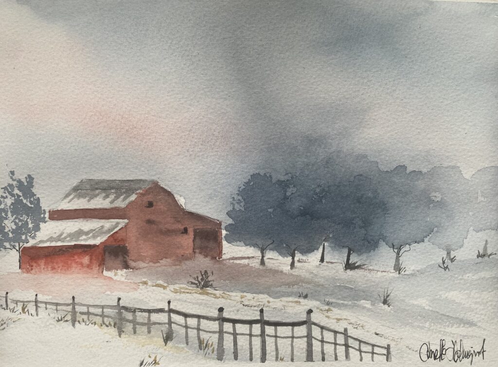 Akvarell i bleka färger: Röd stuga eller ladugård i dimma och snö.