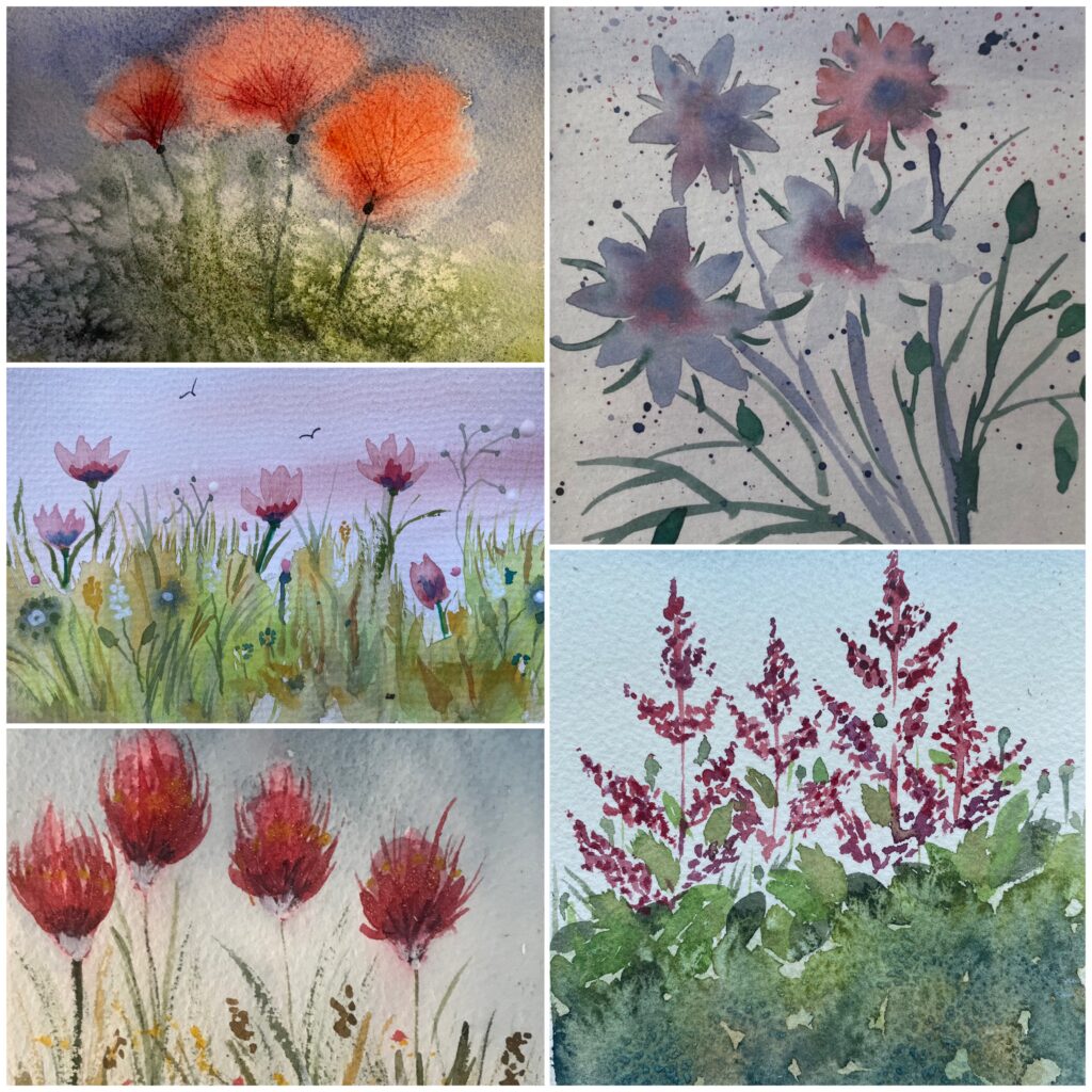 Ett collage med fem bilder på akvareller som föreställer blommor